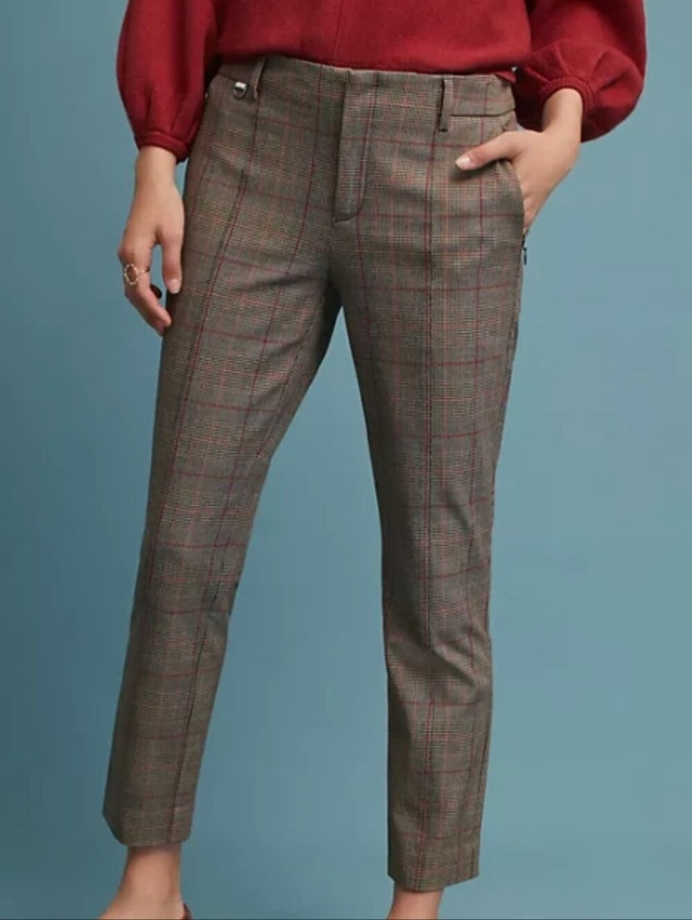 Anthropologie The Essential Collection Brown Plaid Slim Trousers Size 8 - Picture 3 of 12